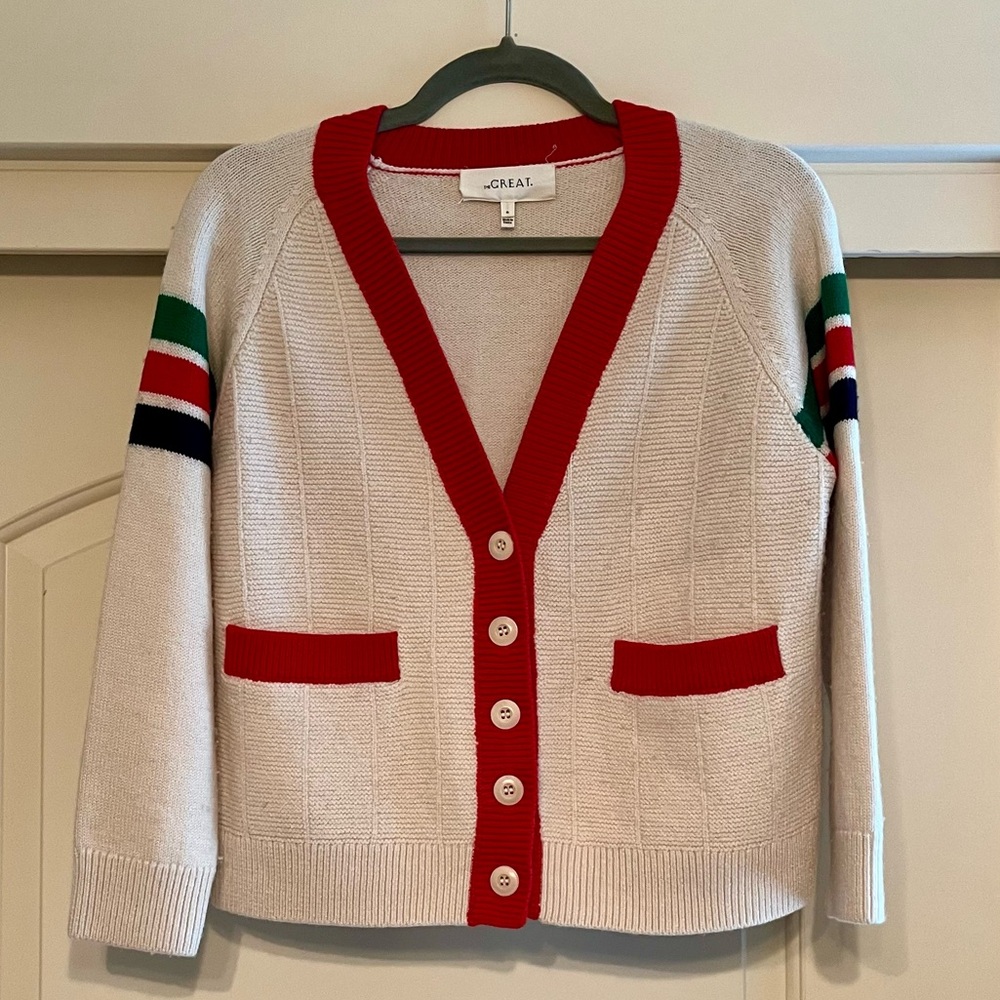 THE GREAT. | Cream Cardigan with Red Trim | Size 0